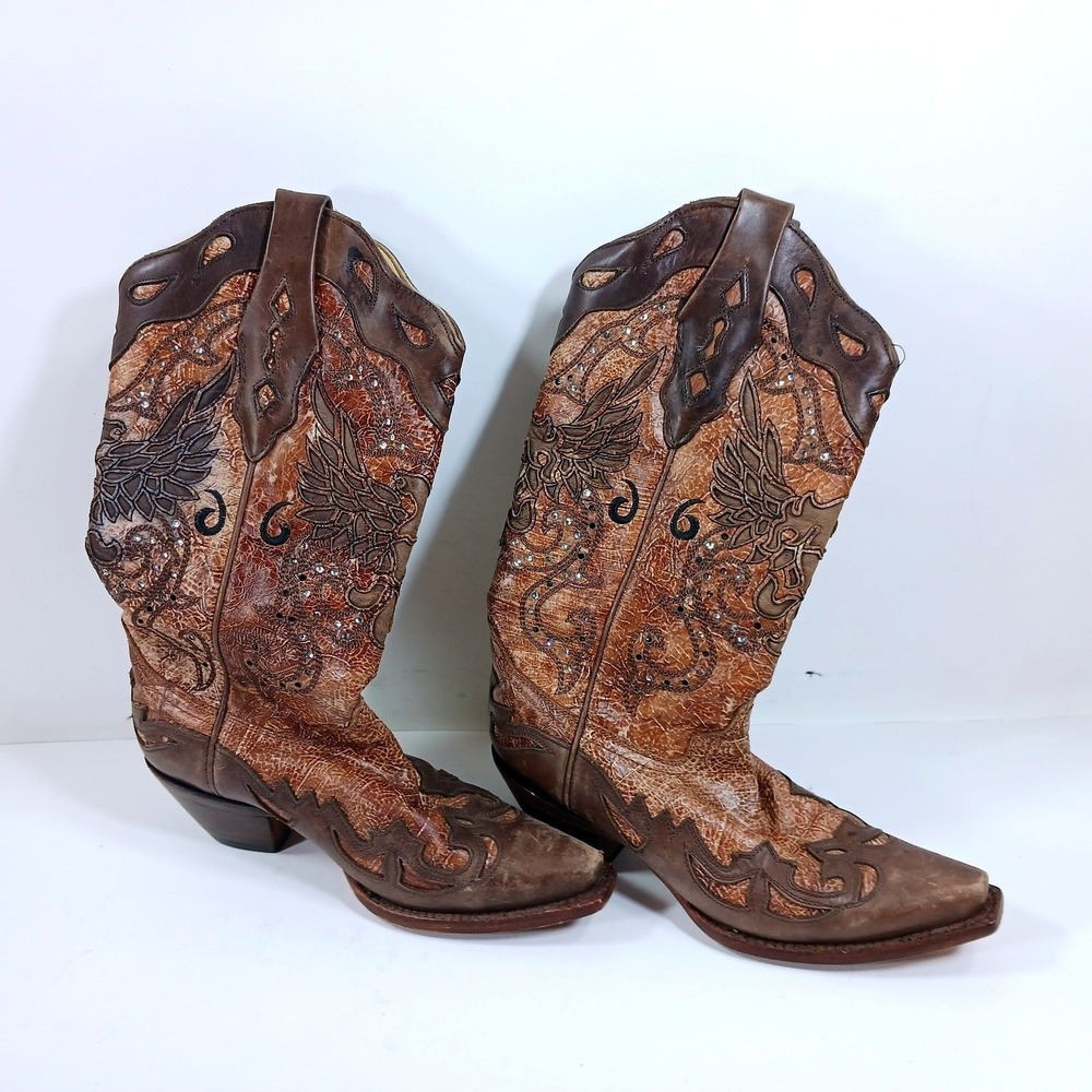 Corral Womens Brown Leather Wing and Cross Snip Toe Western Boots 2666 Size 6.5M